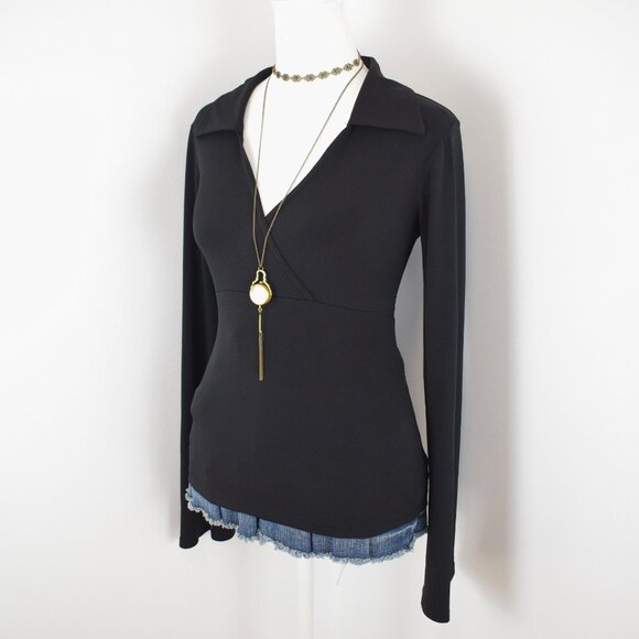VTG 00s Y2K Wrapper Black Pointed Collar V-Neck Wrap Bust Long Bell Sleeve Top - Picture 2 of 7